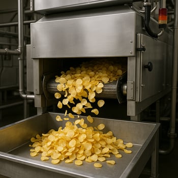 An commercial oven used in manufacturing of chips and snacks with a catcher for the chips-1 An commercial oven used in manufacturing of chips and snacks with a catcher for the chips-1